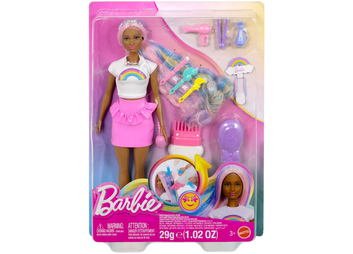 Barbie Rainbow Sparkle Hair Fashion Doll with pink headband, white rainbow shirt, pink skirt, and styling accessories...