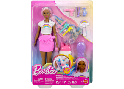 Barbie Rainbow Sparkle Hair Fashion Doll with pink headband, white rainbow shirt, pink skirt, and styling accessories...