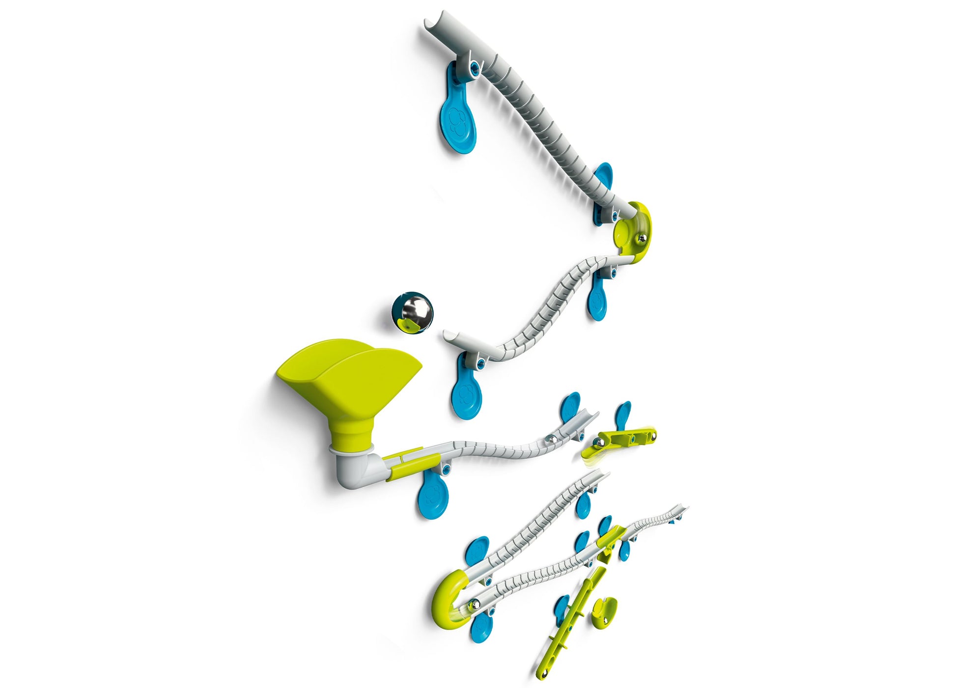 Thames & Kosmos Gecko Run Marble Run Starter Set with yellow funnel, blue connectors, and gray tubing