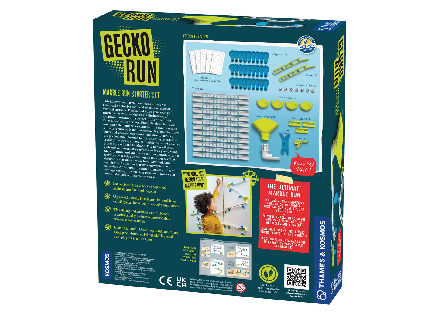Thames & Kosmos Gecko Run Marble Run Starter Set with blue adapters, yellow tracks, and marbles on teal packaging
