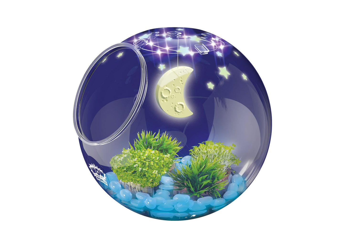 Thames & Kosmos light-up terrarium with glowing moon, stars, green plants, and blue stones