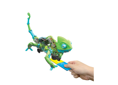 Thames & Kosmos My Robotic Pet Coding Chameleon with green and blue colors held in hand
