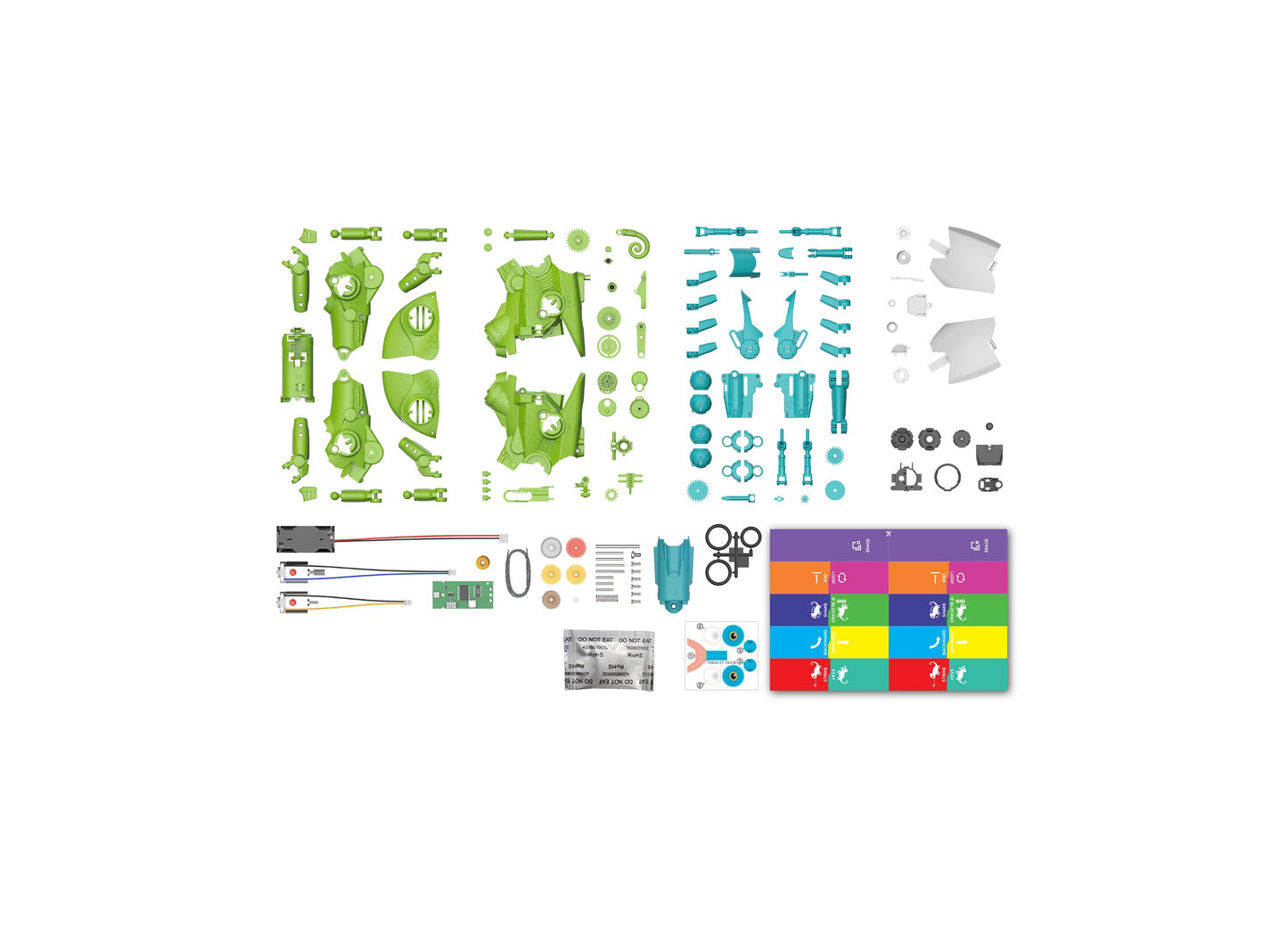 Thames & Kosmos My Robotic Pet Coding Chameleon kit contents with green robot parts and blue components