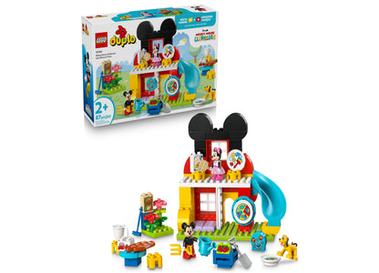 LEGO DUPLO Disney Mickey Mouse Clubhouse building set with colorful brick structure featuring Mickey ears roof, blue slide, included Mickey and Minnie minifigur