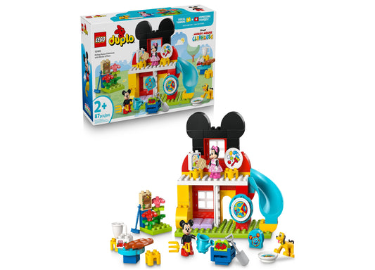LEGO DUPLO Disney Mickey Mouse Clubhouse building set with colorful brick structure featuring Mickey ears roof, blue slide, included Mickey and Minnie minifigur