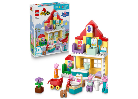 LEGO DUPLO Peppa Pig Family House set with colorful multi-story house, Peppa Pig minifigures, accessories, and 84 pieces