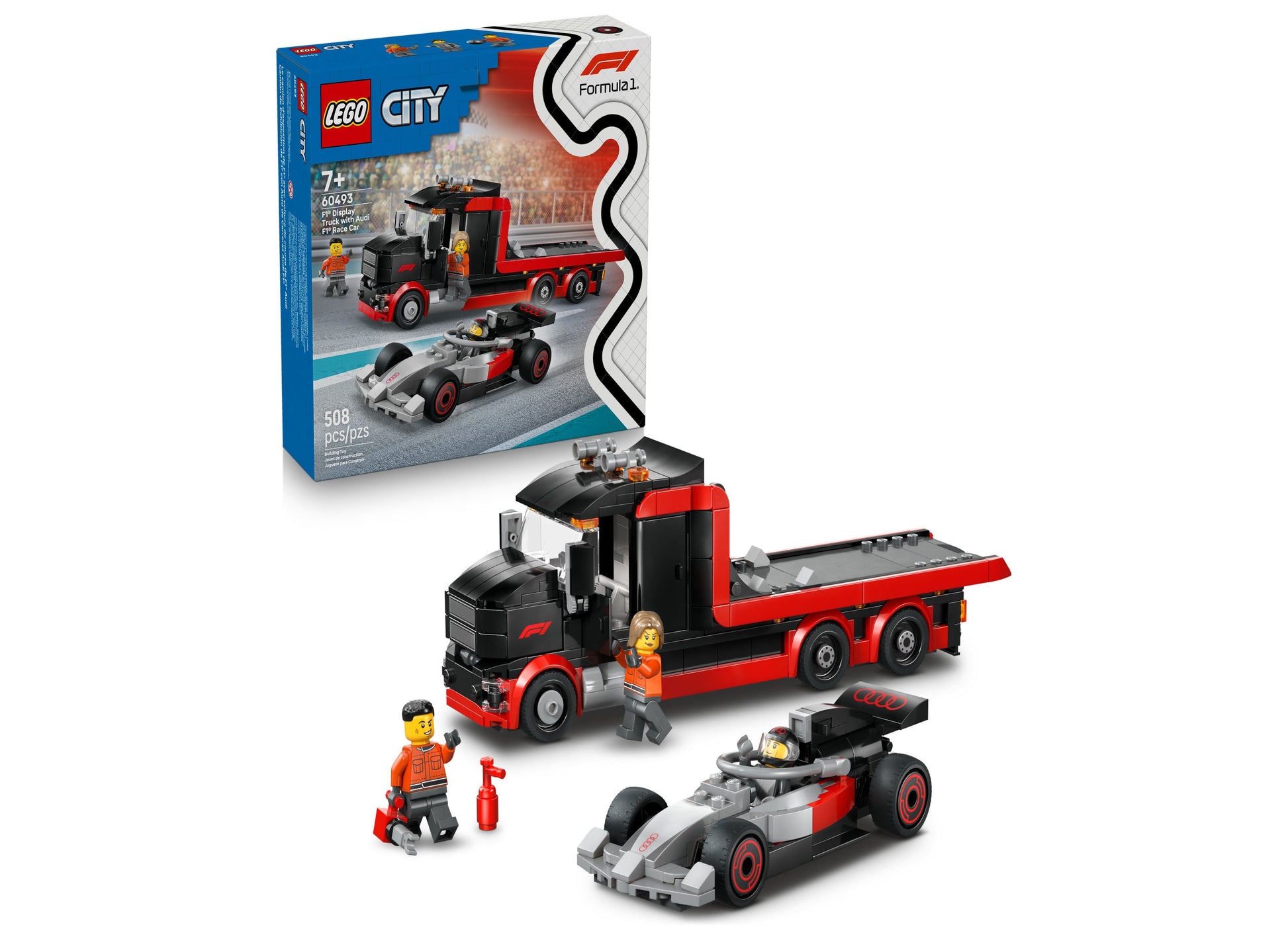 LEGO City Formula 1 Truck and Audi F1 Race Car Building Set with red and black transport truck, gray and red race car, and minifigures