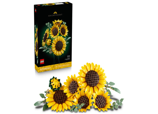 LEGO Botanicals Sunflower Bouquet building set with box showing yellow sunflowers with brown centers and green stems and leaves