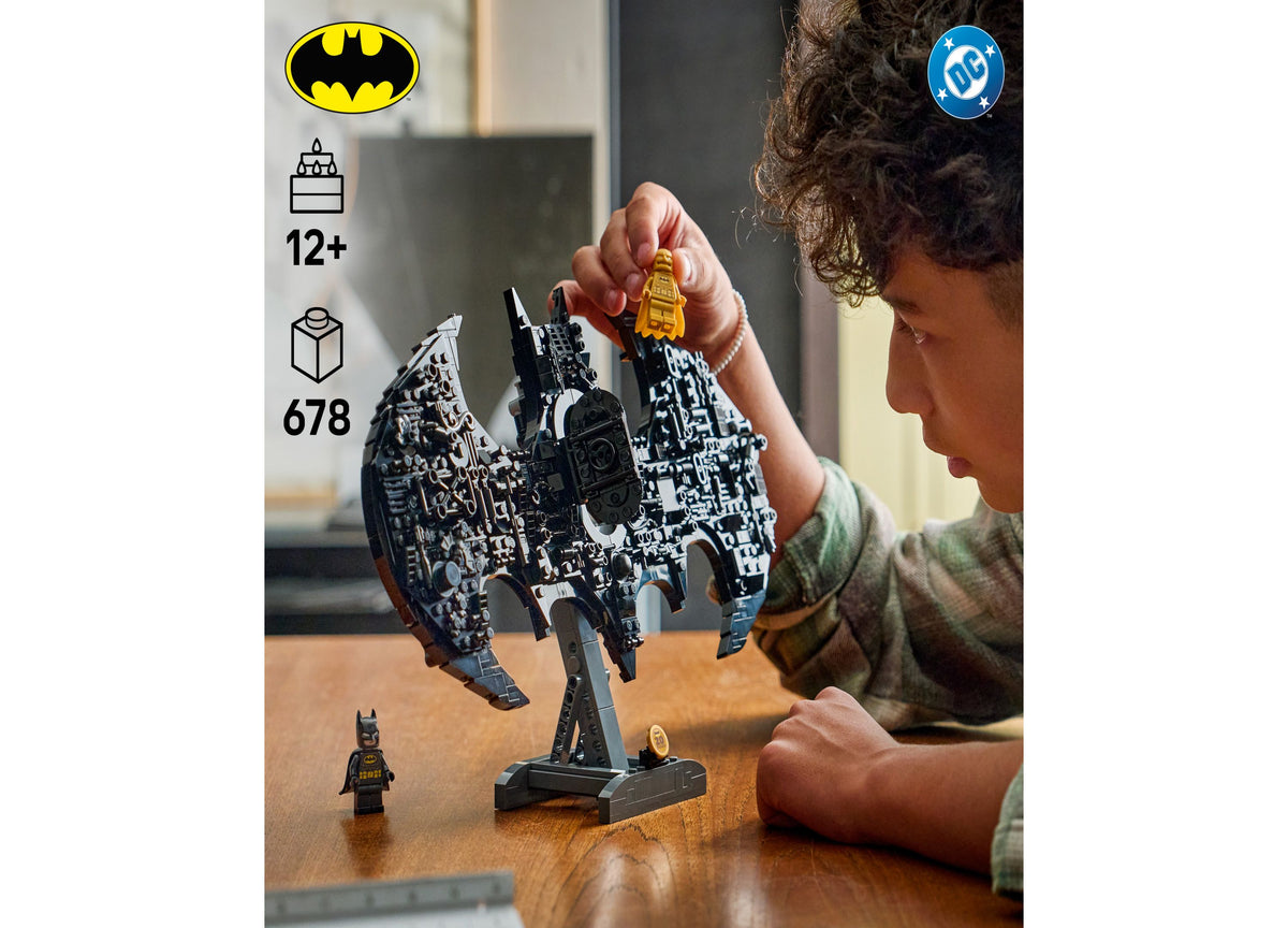 LEGO DC Batman Logo Building Set 76330 with 678 pieces, black and gold bat symbol, includes minifigure