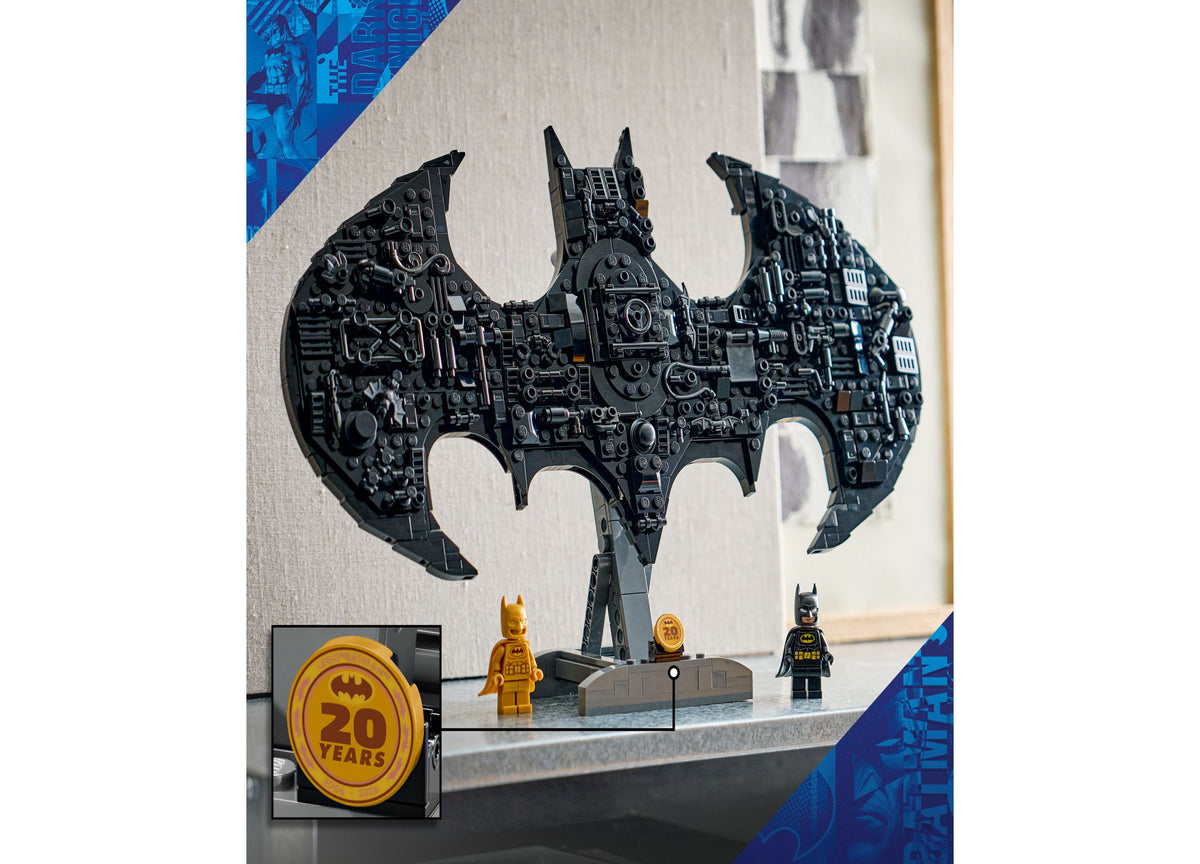 LEGO DC Batman Logo 76330 building set with black bat symbol, minifigures, and 20 years anniversary gold coin