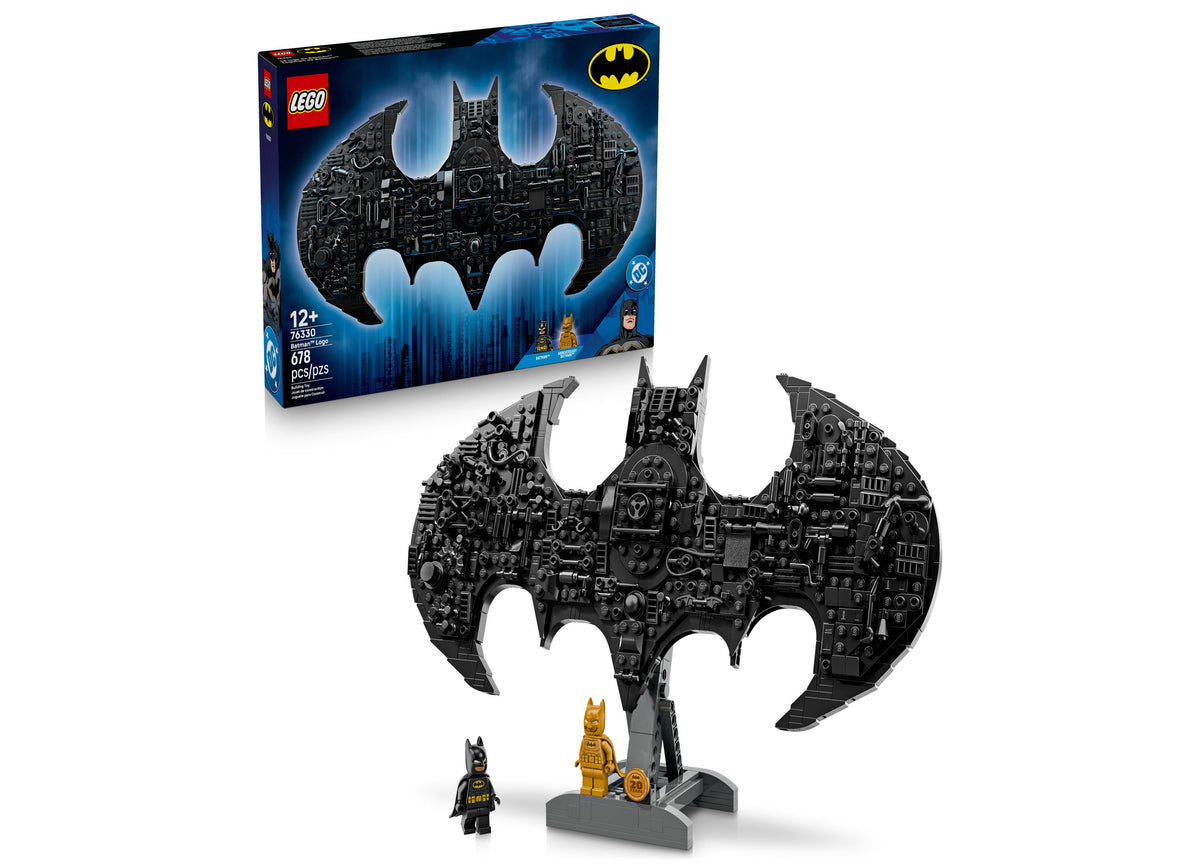 LEGO Batman Logo 76330 building set with black bat-shaped display and minifigures