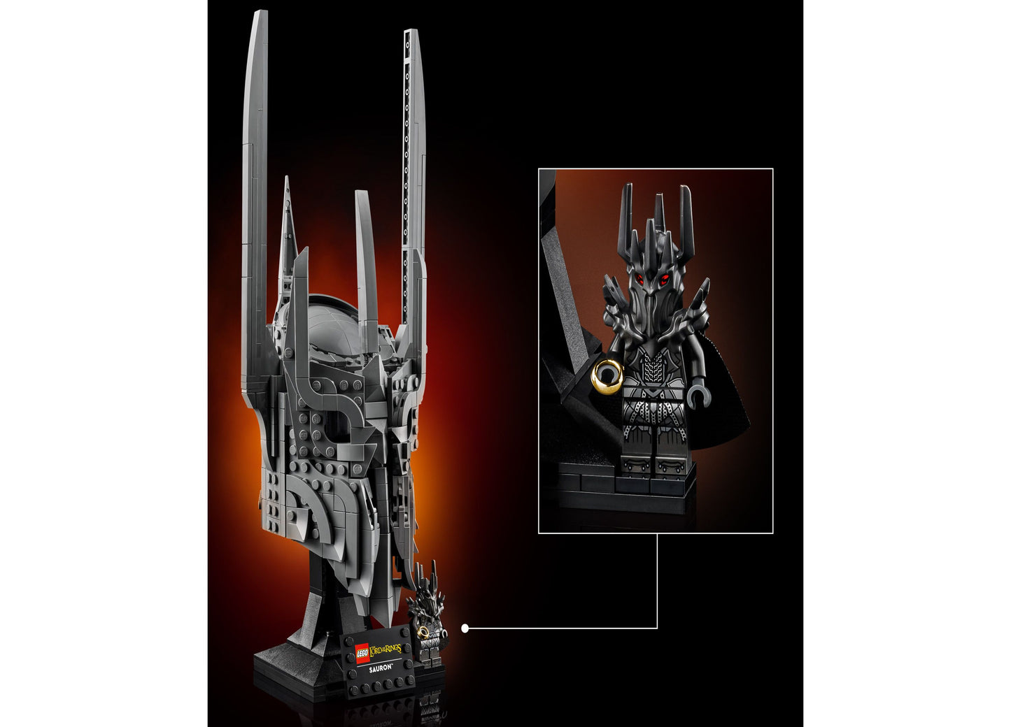 LEGO Icons Sauron's Helmet Display Model Kit with detailed minifigure and red lighting