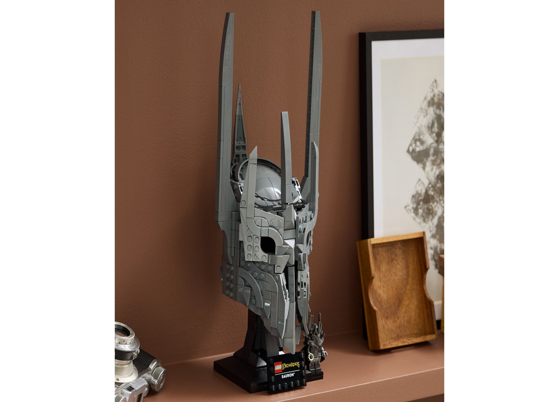 LEGO Icons Sauron's Helmet Display Model Kit on shelf with gray armor details