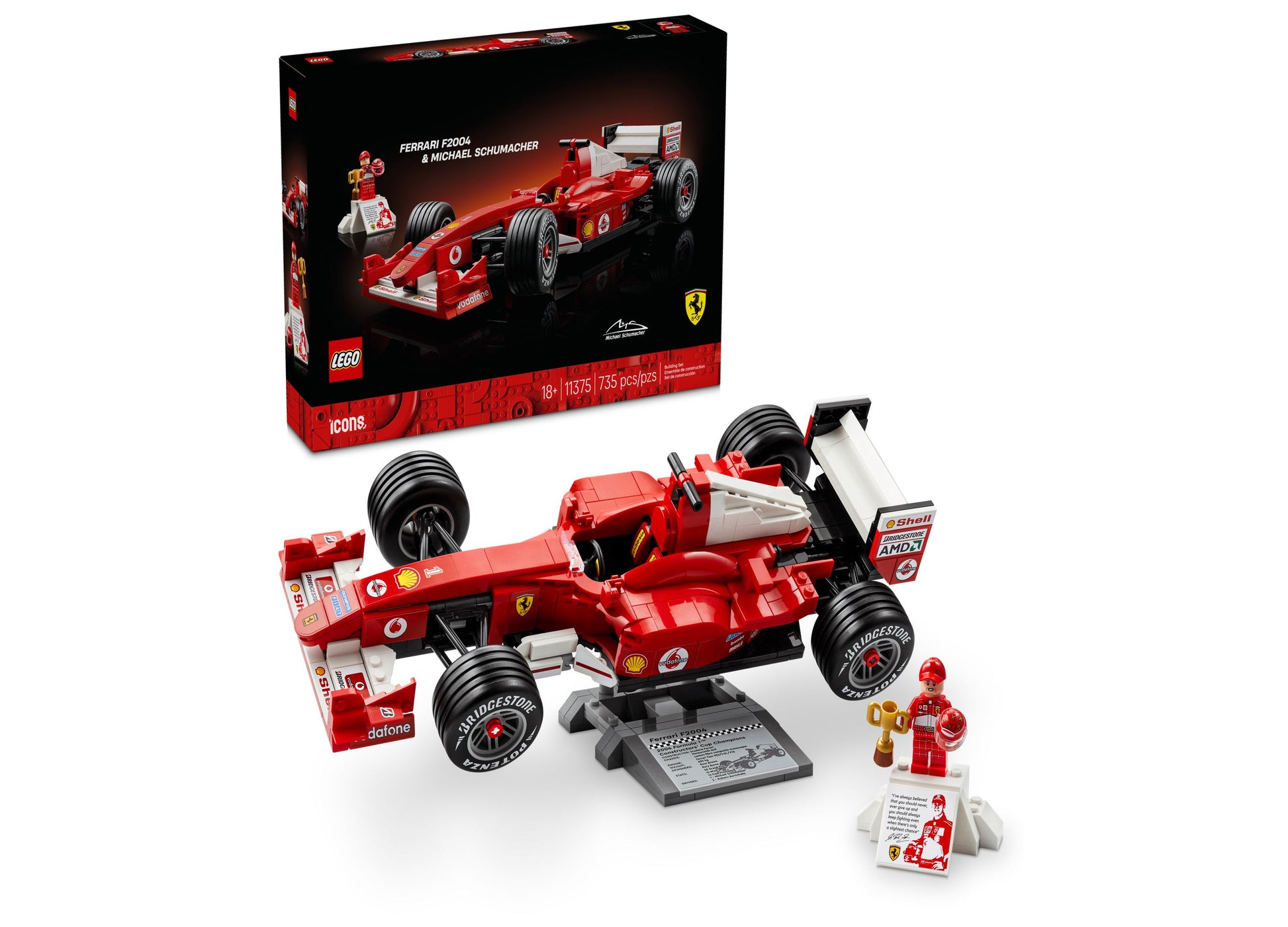 LEGO Icons Ferrari F2004 Michael Schumacher F1 car model building set with red race car, minifigure driver, display stand, and instruction manual