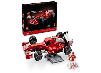 LEGO Icons Ferrari F2004 Michael Schumacher F1 car model building set with red race car, minifigure driver, display stand, and instruction manual