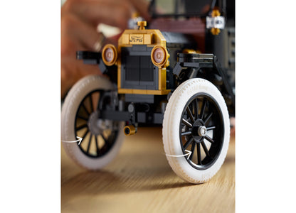 LEGO Icons Ford Model T vintage car building set with yellow and black details and white-wall tires