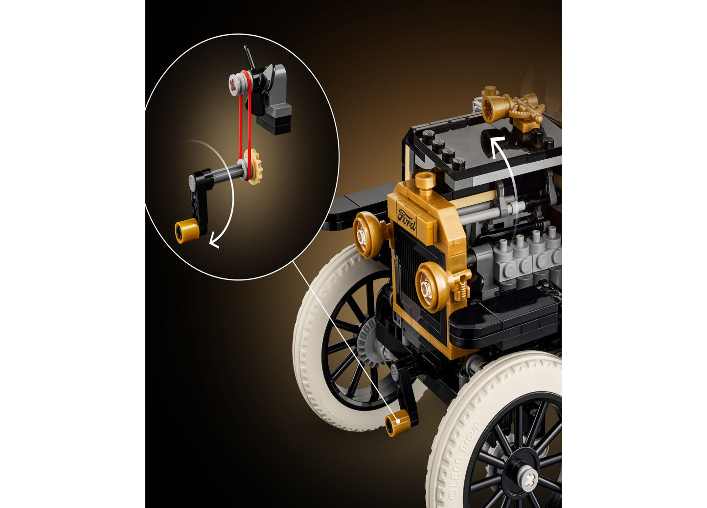 LEGO Icons Ford Model T vintage car building set with detailed engine diagram and gold/black assembly