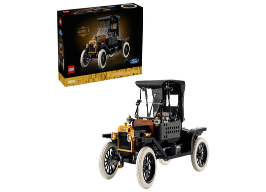 LEGO Icons Ford Model T vintage car building set with black and gold details and white wheels