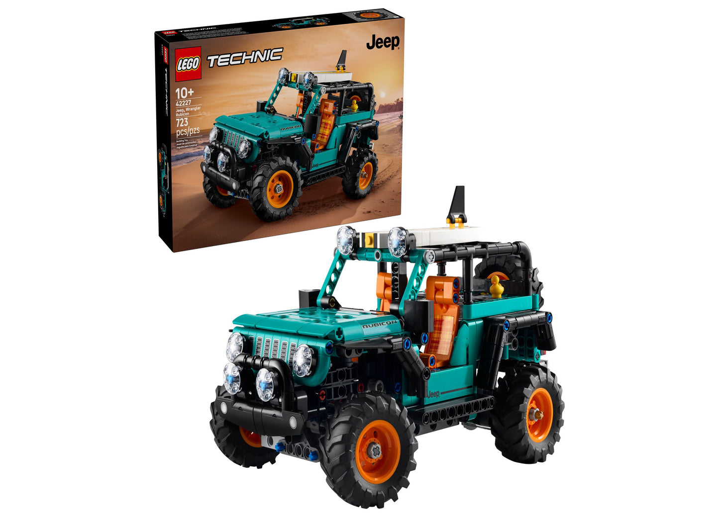LEGO Technic Jeep Vehicle Building Set 42227 with turquoise and orange Jeep model featuring working suspension and removable accessories, displayed with packagi
