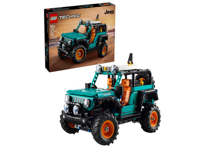 LEGO Technic Jeep Vehicle Building Set 42227 with turquoise and orange Jeep model featuring working suspension and removable accessories, displayed with packagi