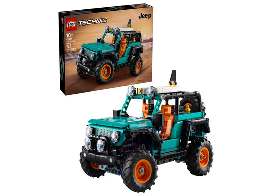 LEGO Technic Jeep Vehicle Building Set 42227 with turquoise and orange Jeep model featuring working suspension and removable accessories, displayed with packagi