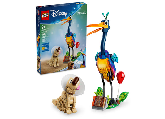 LEGO Disney and Pixar Kevin and Dug Toy set 43290 with 628 pieces, showing built bird character, dog figurine, and colorful adventure scene with balloon and fol