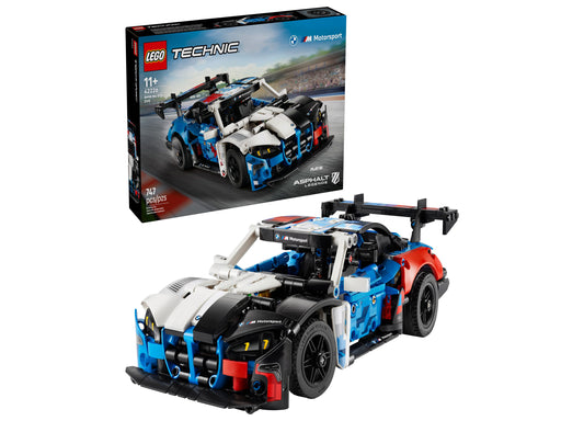 LEGO Technic BMW M4 GT3 EVO race car building set with blue, white, black, and red brick model and instruction box