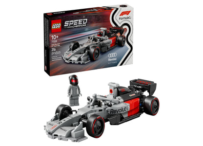 LEGO Speed Champions Audi R26 F1 race car building set with gray and red Formula 1 car model, driver minifigure, and packaging box