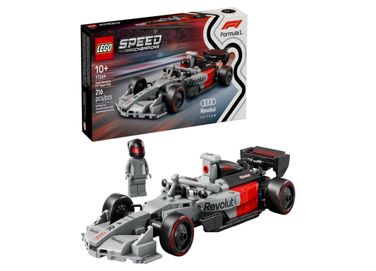 LEGO Speed Champions Audi R26 F1 race car building set with gray and red Formula 1 car model, driver minifigure, and packaging box