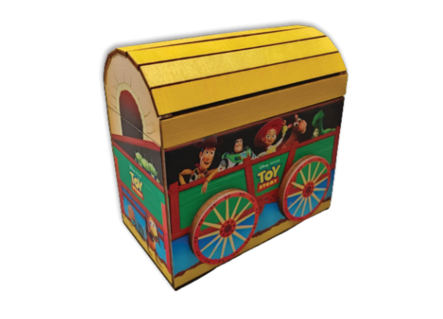 Toy Story Wooden Puzzle Box toy chest with yellow roof, red wheels, and colorful character graphics