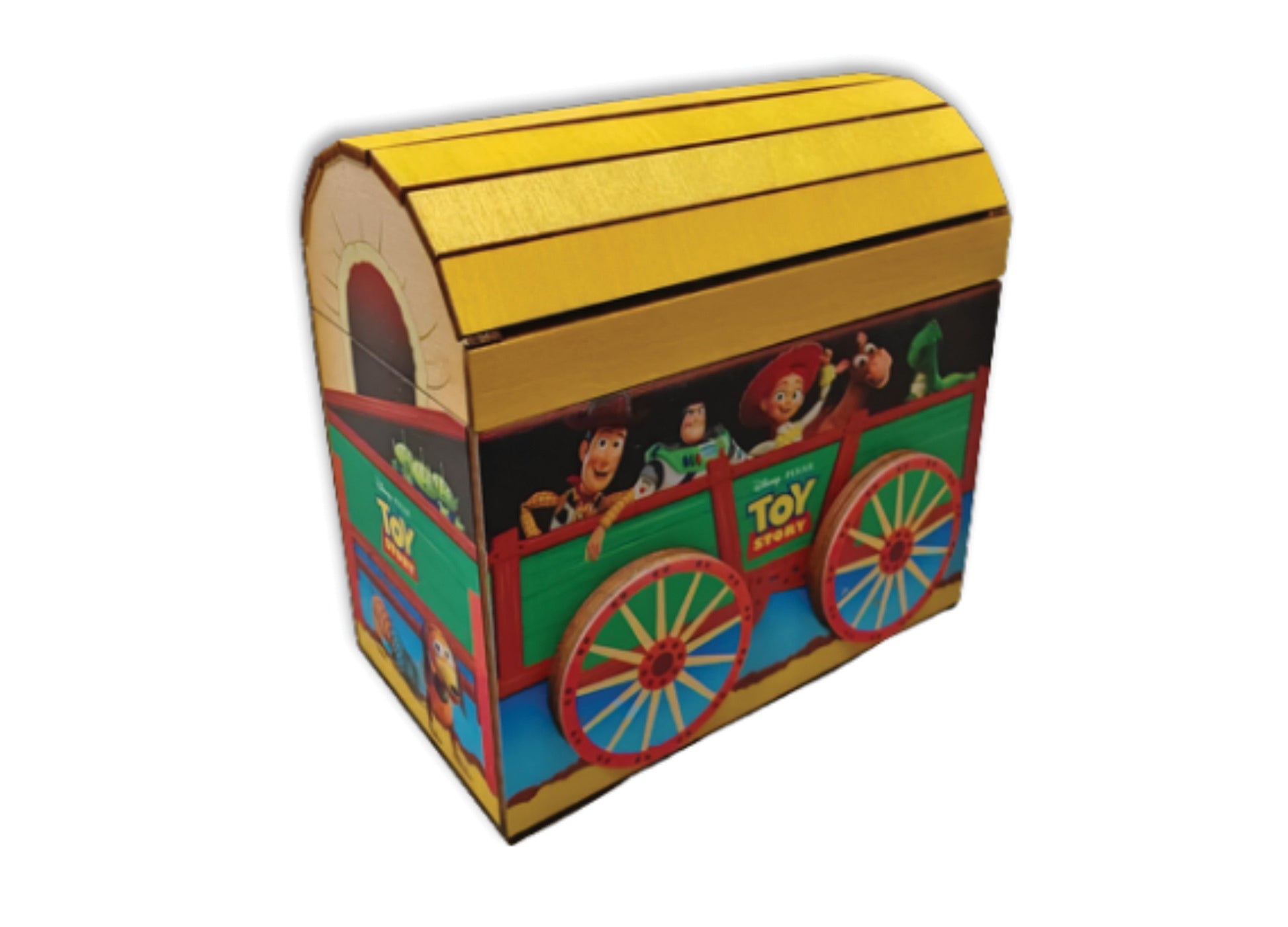 Toy Story Wooden Puzzle Box toy chest with yellow roof, red wheels, and colorful character graphics