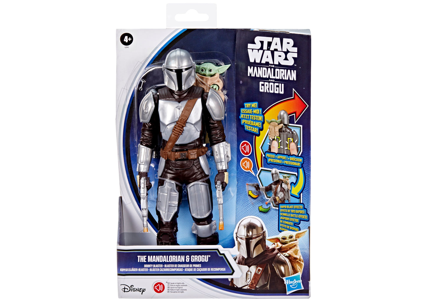 Star Wars Mandalorian and Grogu Bounty Blaster action figure with silver armor and brown outfit