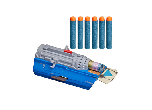 Star Wars Mandalorian Nerf Rocket Gauntlet with blue base, gray blaster, and 6 orange foam darts