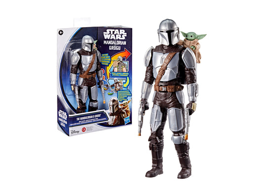 Star Wars Mandalorian and Grogu action figure with silver armor, brown outfit, blaster, and Grogu character