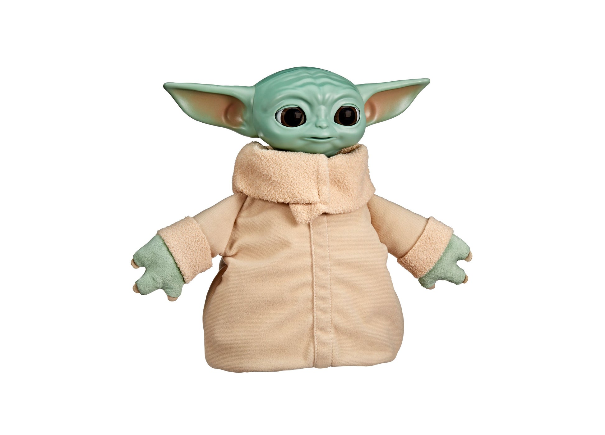 Star Wars Action Buddy Grogu plush toy with green skin, large ears, and tan robe outfit