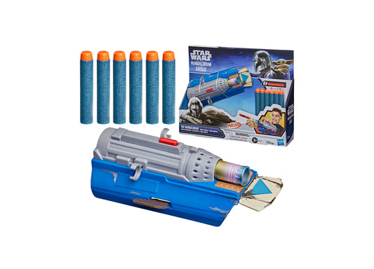 Star Wars Mandalorian Nerf Rocket Gauntlet with blue base, gray launcher, and six foam darts
