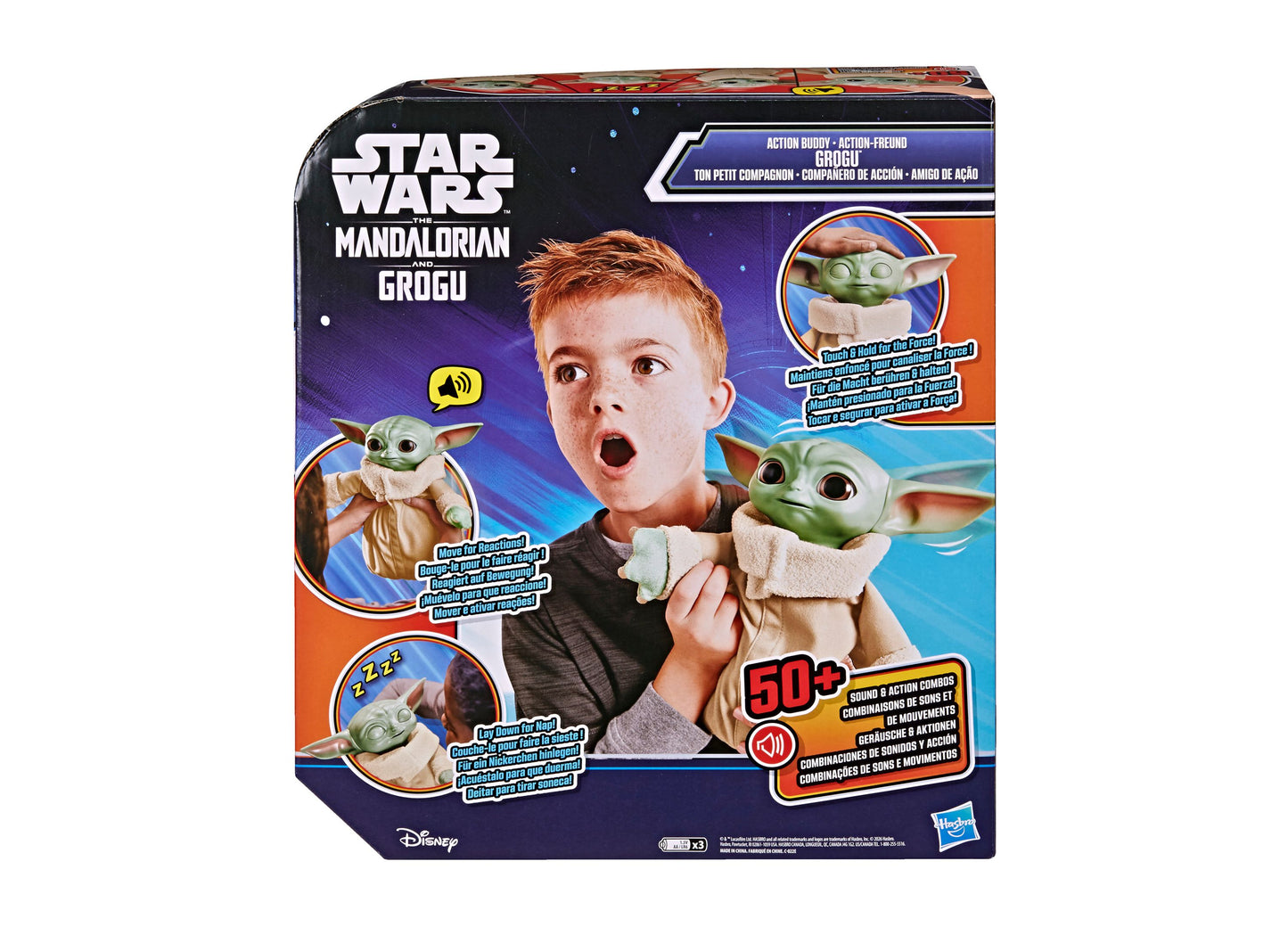 Star Wars Action Buddy Grogu figure with interactive sounds and movements, shown with child