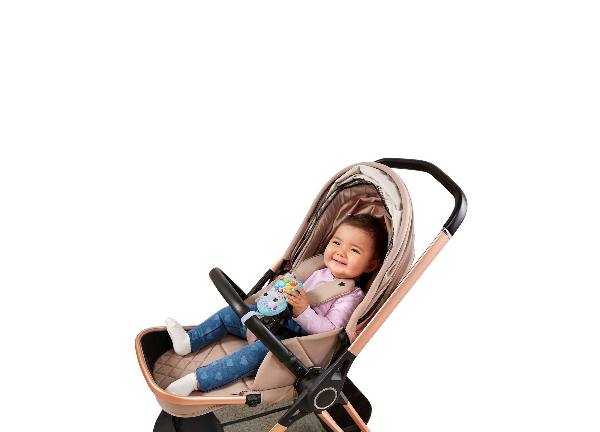 VTech Baby Hello Hippo Soft Phone toy in stroller with smiling toddler