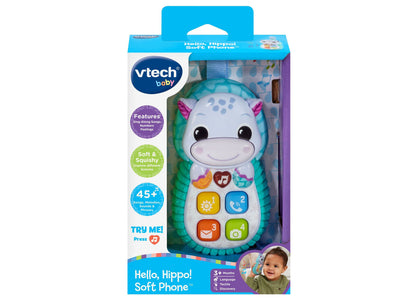 VTech Baby Hello Hippo Soft Phone with colorful buttons and blue plush ears