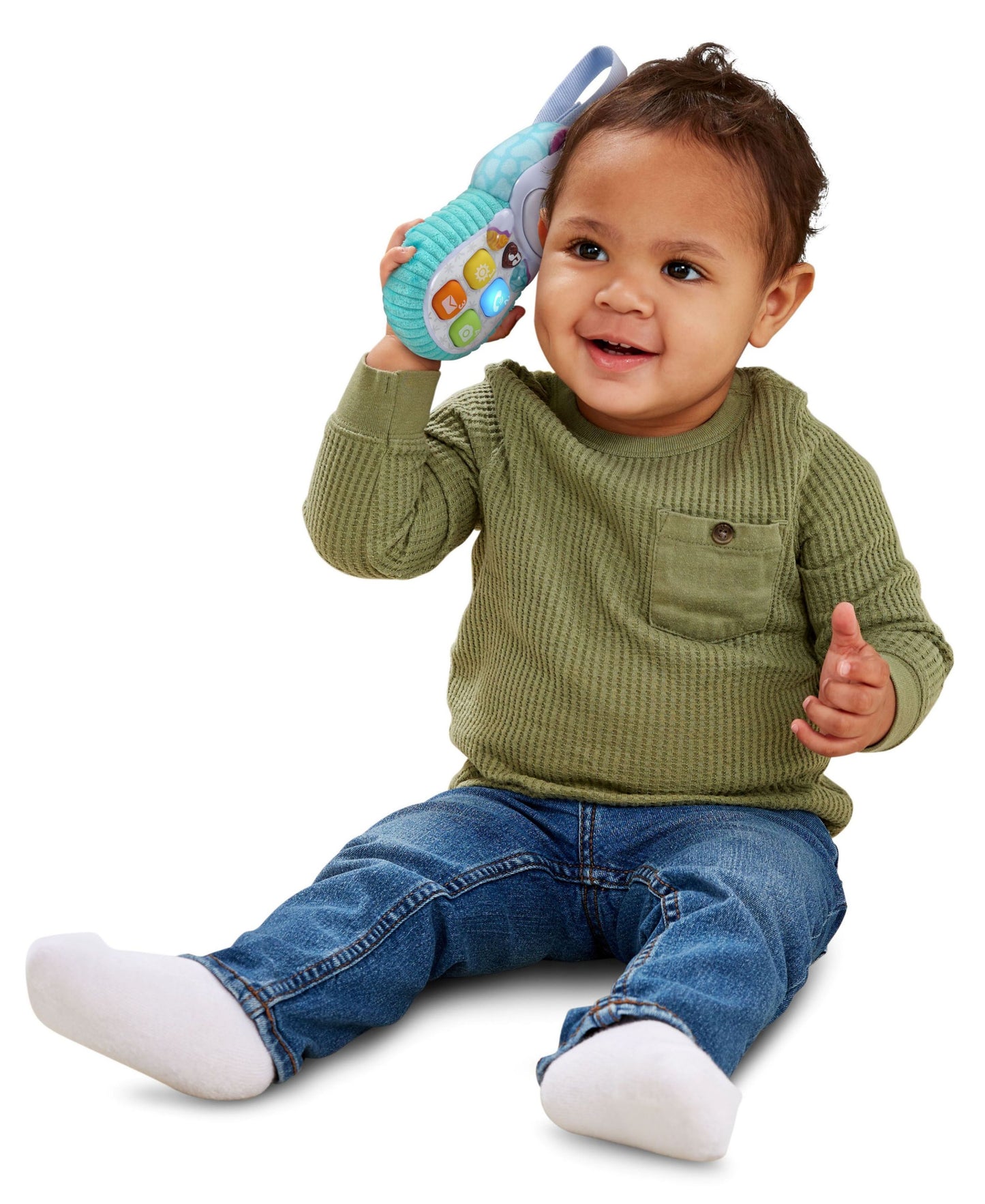 VTech Baby Hello Hippo Soft Phone in turquoise held by smiling toddler