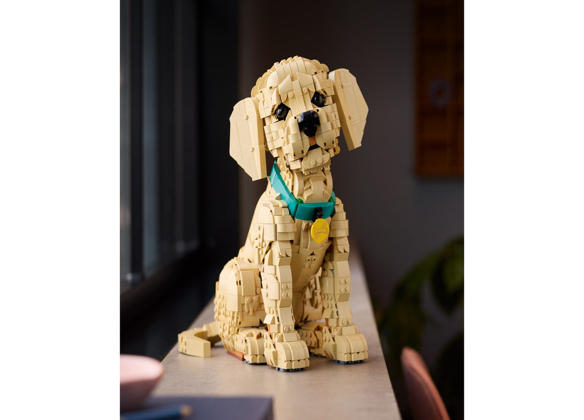 LEGO Icons Golden Retriever Puppy Building Set with tan body, turquoise collar, and yellow tag, displayed as a posabl...