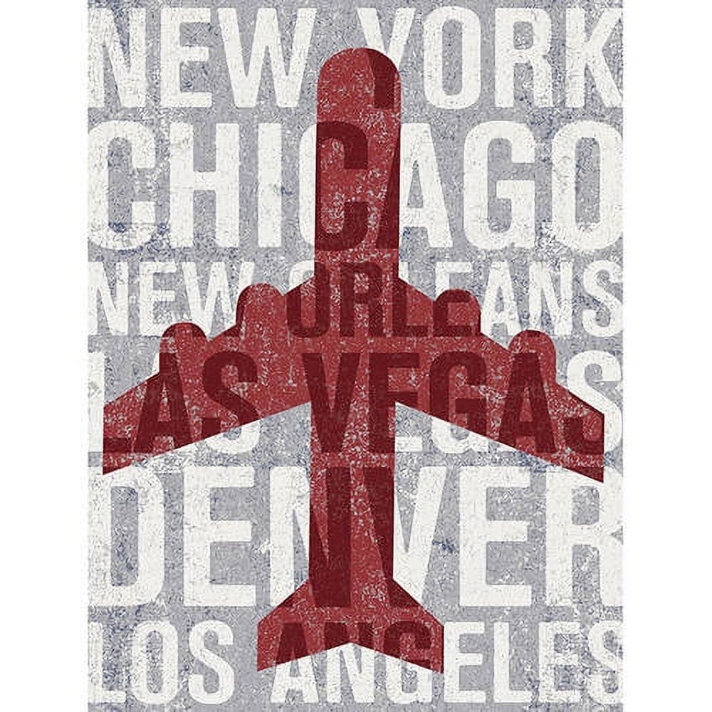 Red silhouette of an airplane centered on gray and white textured background with overlapping city names including New York, Chicago, Los Angeles, and Denver