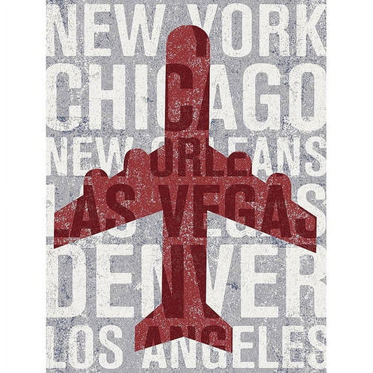 Red silhouette of an airplane centered on gray and white textured background with overlapping city names including New York, Chicago, Los Angeles, and Denver