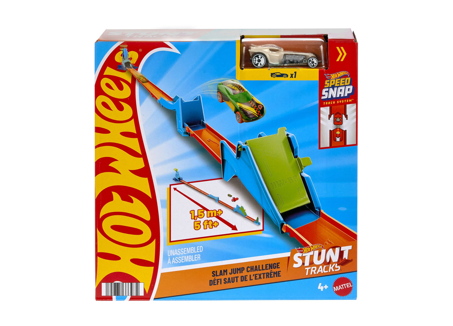 Hot Wheels Stunt Tracks Slam Jump Challenge set with blue and red track pieces and included die-cast car