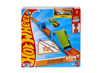 Hot Wheels Stunt Tracks Slam Jump Challenge set with blue and red track pieces and included die-cast car