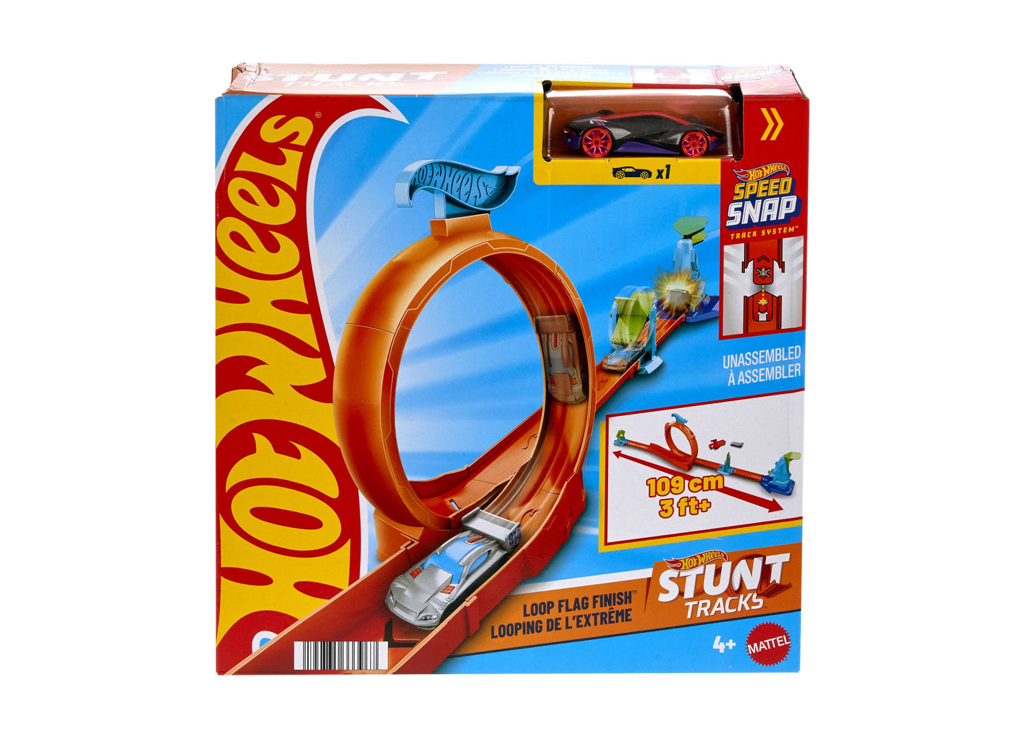 Hot Wheels Stunt Tracks Loop Flag Finish set with red track and silver car