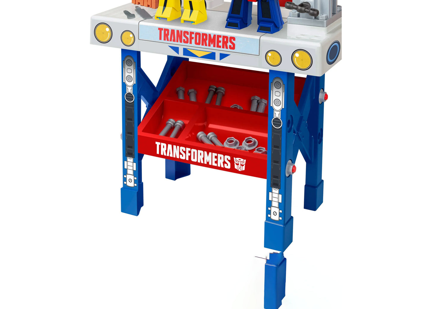 Transformers Bench Playset with blue legs, red storage drawer, and yellow accessories