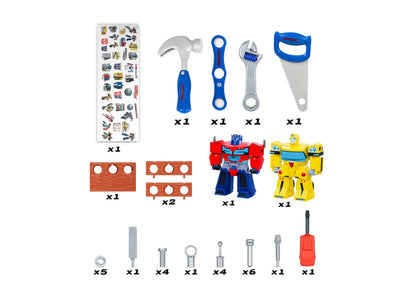 World Tech Toys Transformers Bench Playset with tools, red and yellow robot figures