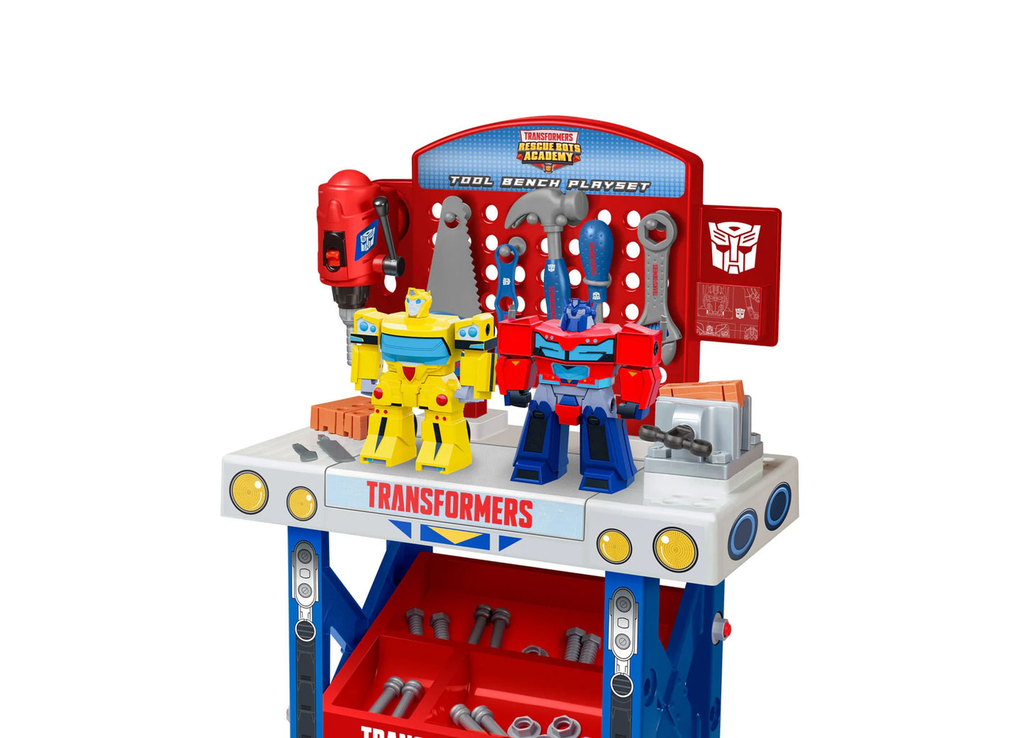 Transformers Rescue Bots Academy Tool Bench Playset with yellow and red robot figures