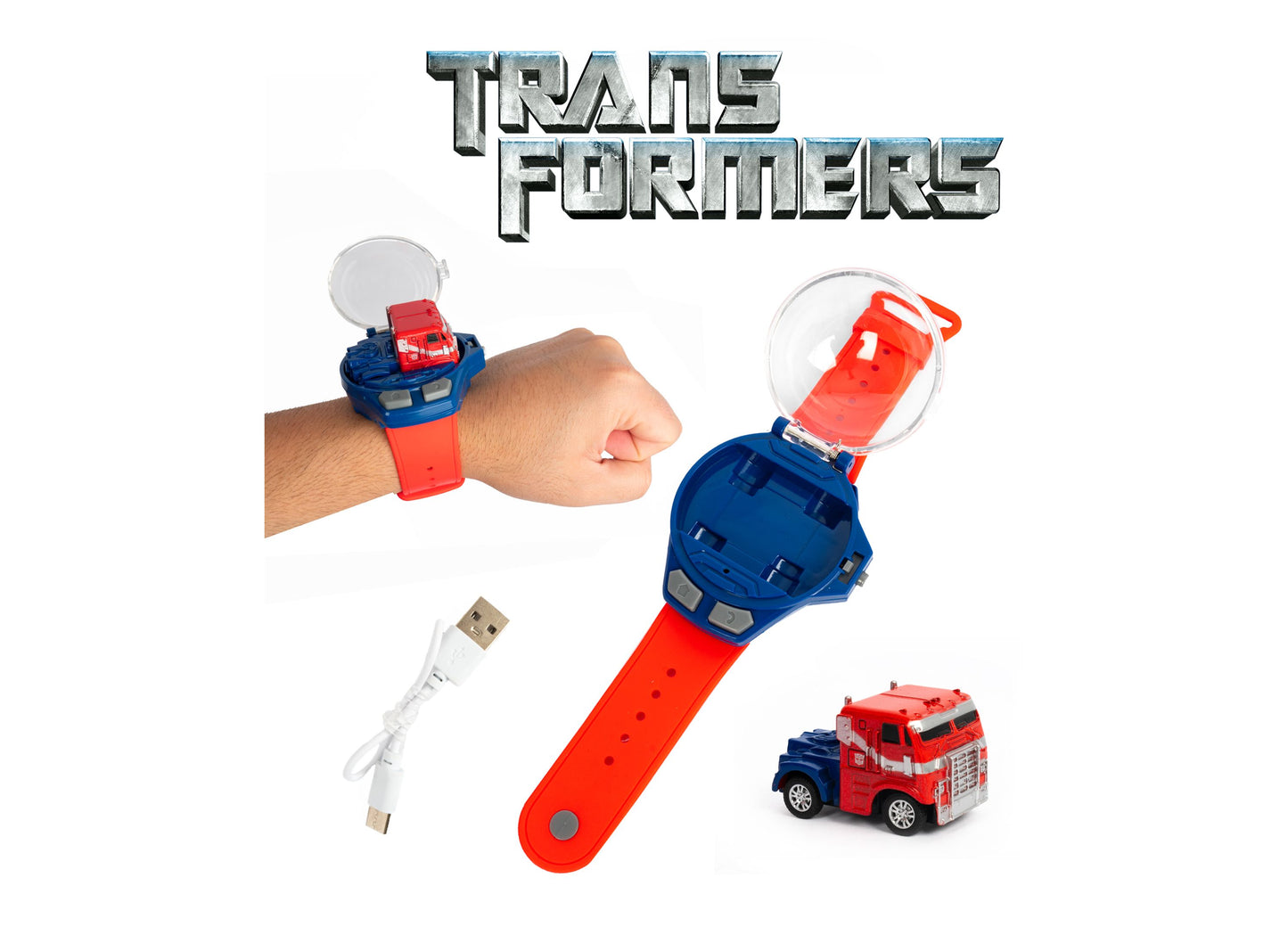 Transformers Wrist Case Mini RC Truck Optimus with red and blue watch band and charging cable